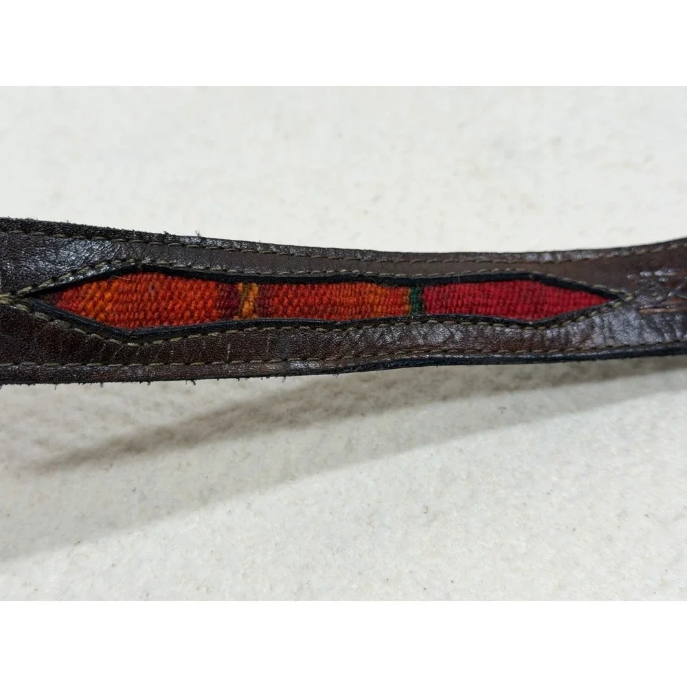 Vintage Leather Belt Western Tooled Brown Wool Inlay Boho Rustic 36